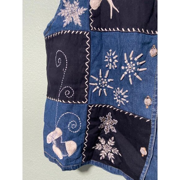 Vintage Dressbarn Women's Snow Winter Snowflake White and Blue Denim Vest XL‎ - Picture 2 of 8
